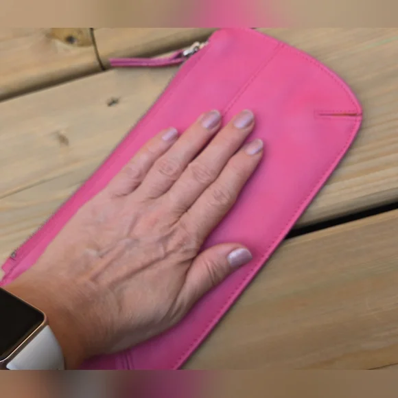 Pink Leather Wristlet w Unique Ring Strap, Front Pocket + Zipper Top - Picture 7 of 12